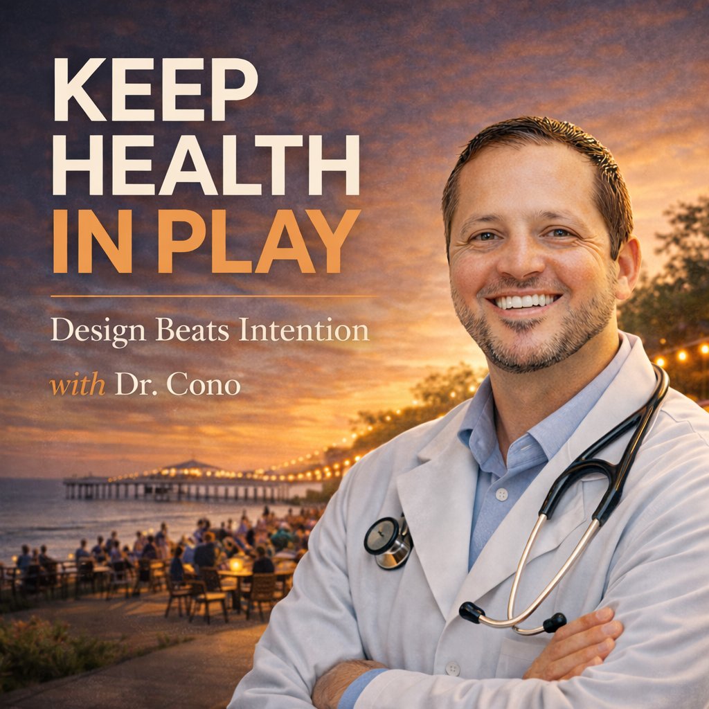 Keep Health in Play — Design Beats Intention — with Dr. Cono. Podcast cover showing Dr. Cono Badalamenti in white coat against a sunset community gathering scene.
